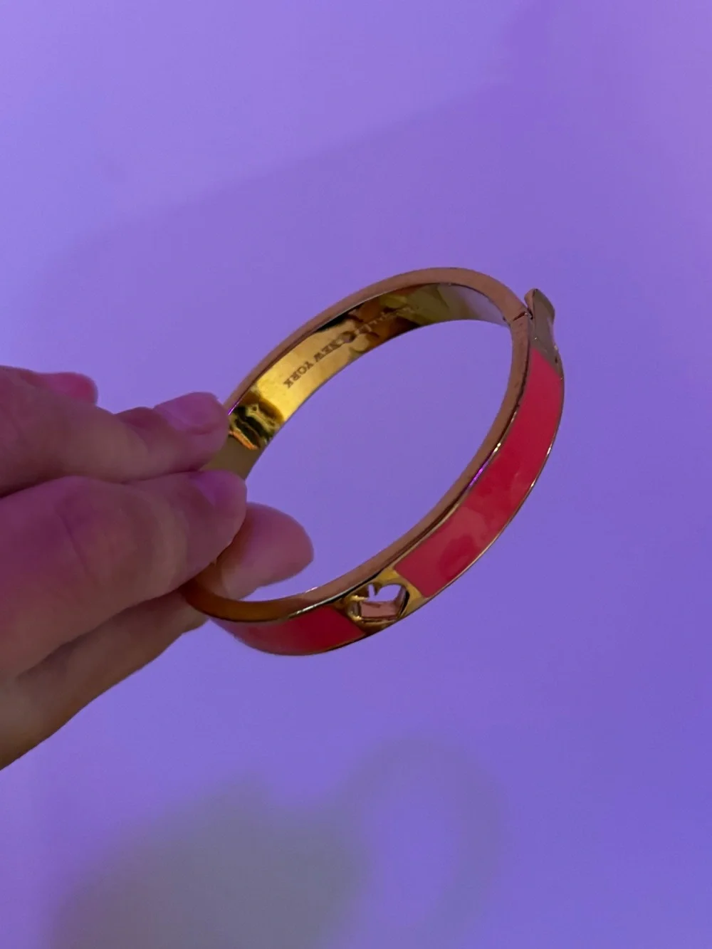 Kate Spade Gold-Tone Coral Pink Enamel Heart Cutout Bangle - Picture 2 of 4